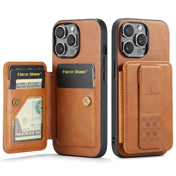 For iPhone 15 Pro Max Fierre Shann Oil Wax Cow Leather Card Holder Back Phone Case(Brown) - free shipping - PMC Jewellery - Order now!