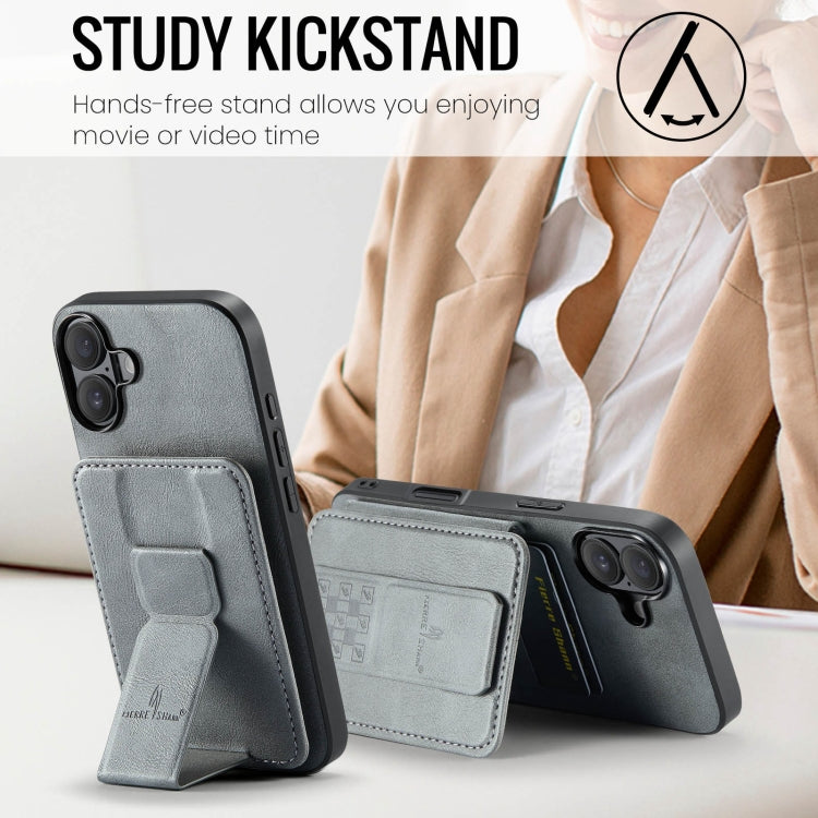 For iPhone 16 Plus Fierre Shann Oil Wax Cow Leather Card Holder Back Phone Case(Grey) - free shipping - PMC Jewellery - Order now!