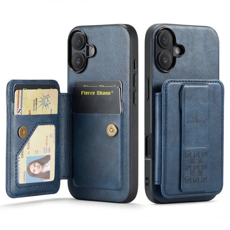 For iPhone 16 Plus Fierre Shann Oil Wax Cow Leather Card Holder Back Phone Case(Blue) - free shipping - PMC Jewellery - Order now!
