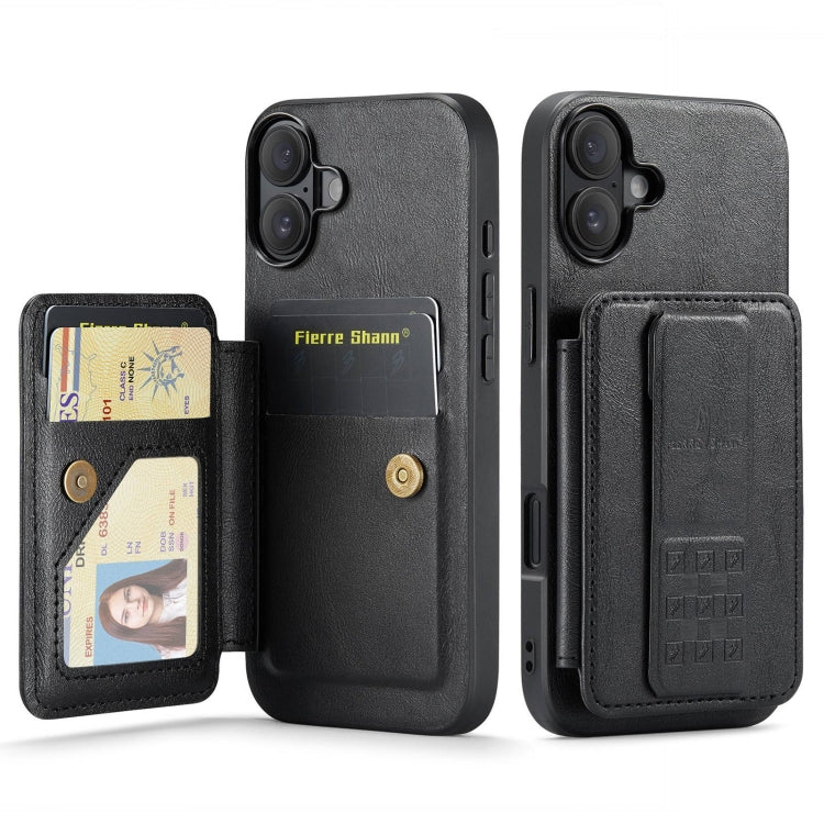 For iPhone 16 Fierre Shann Oil Wax Cow Leather Card Holder Back Phone Case(Black) - free shipping - PMC Jewellery - Order now!