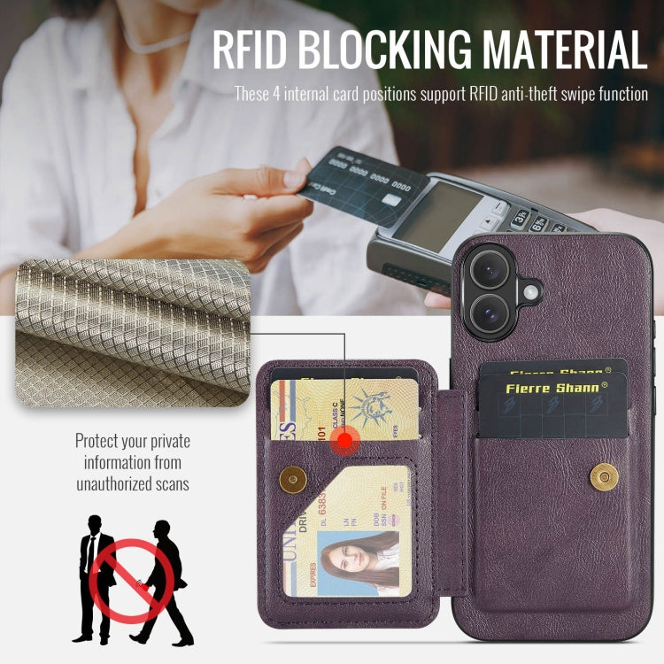 For iPhone 16 Fierre Shann Oil Wax Cow Leather Card Holder Back Phone Case(Purple) - free shipping - PMC Jewellery - Order now!