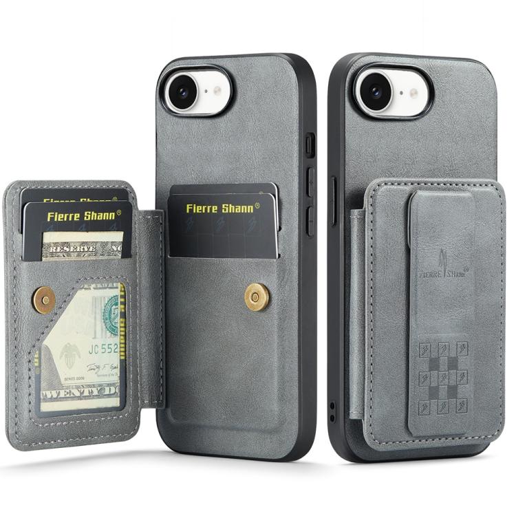 For iPhone 16e Fierre Shann Oil Wax Cow Leather Card Holder Back Phone Case(Grey) - free shipping - PMc TechLife - Order now!