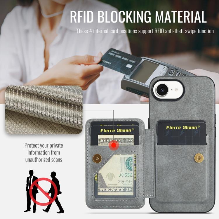 For iPhone 16e Fierre Shann Oil Wax Cow Leather Card Holder Back Phone Case(Grey) - free shipping - PMc TechLife - Order now!