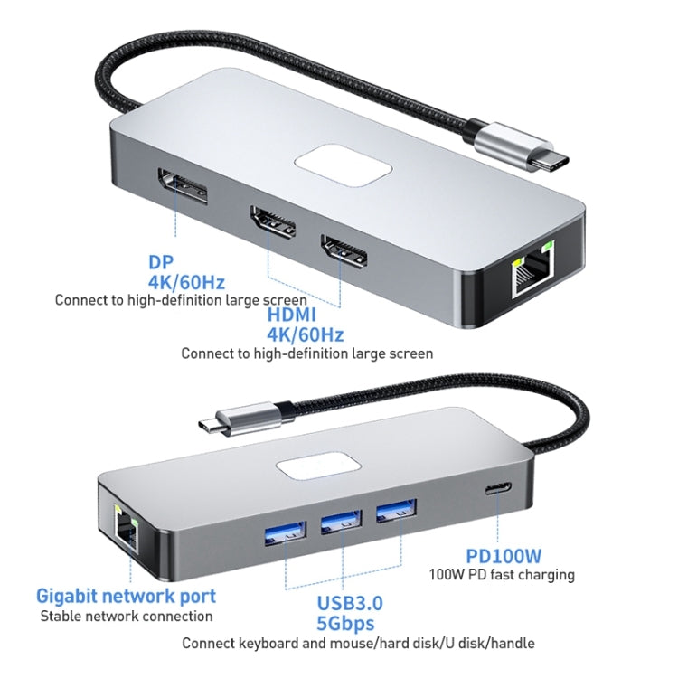 BYL-2401 8 in 1 Type-C to PD100W + USB3.0 + HDMI + DP + RJ45 HUB Docking Station(Space Grey) - USB HUB by PMC Jewellery | Online Shopping South Africa | PMC Jewellery | Buy Now Pay Later Mobicred