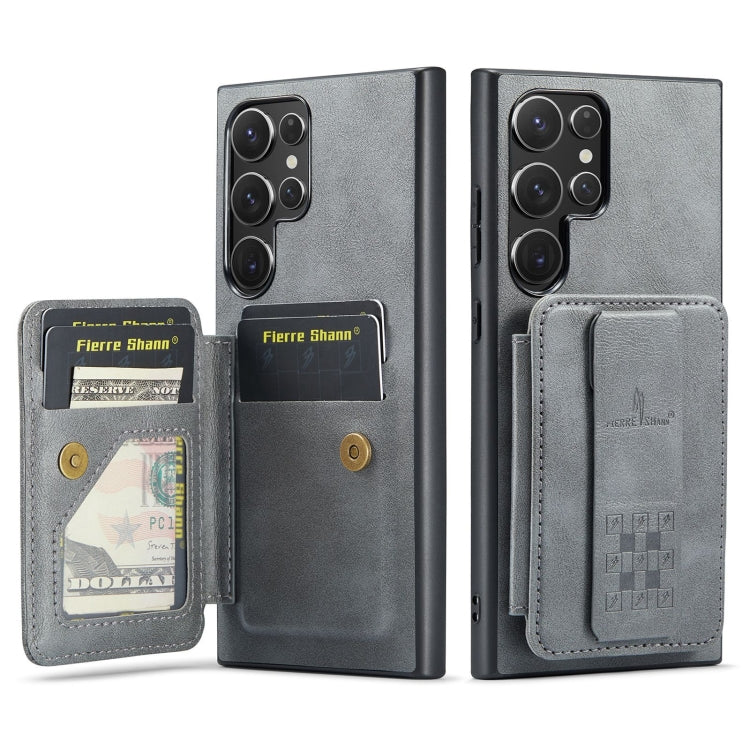 For Samsung Galaxy S24 Ultra 5G Fierre Shann Oil Wax Cow Leather Card Holder Back Phone Case(Grey) - free shipping - PMC Jewellery - Order now!