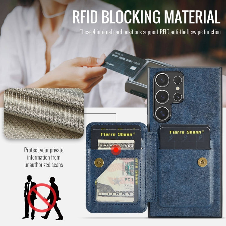 For Samsung Galaxy S24 Ultra 5G Fierre Shann Oil Wax Cow Leather Card Holder Back Phone Case(Blue) - Galaxy S24 Ultra 5G Cases by FIERRE SHANN | Online Shopping South Africa | PMC Jewellery | Buy Now Pay Later Mobicred