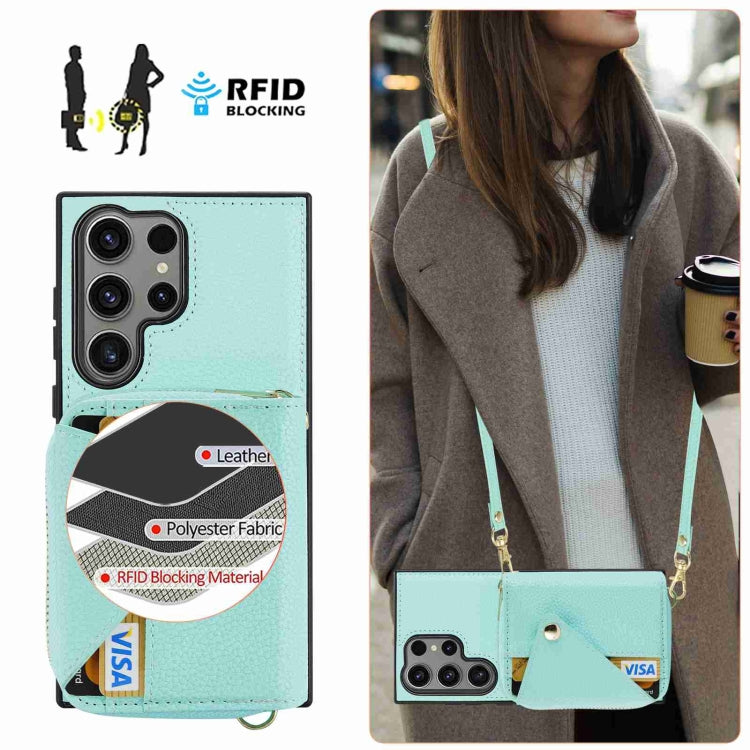 For Samsung Galaxy S24 Ultra 5G Crossbody Zipper Card Bag RFID Anti-theft Phone Case(Mint Green) - Galaxy S24 Ultra 5G Cases by PMC Jewellery | Online Shopping South Africa | PMC Jewellery | Buy Now Pay Later Mobicred