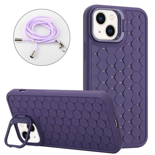 For iPhone 14 Plus Honeycomb Radiating Lens Holder Magsafe Phone Case with Lanyard(Purple) - iPhone 14 Plus Cases by PMC Jewellery | Online Shopping South Africa | PMC Jewellery