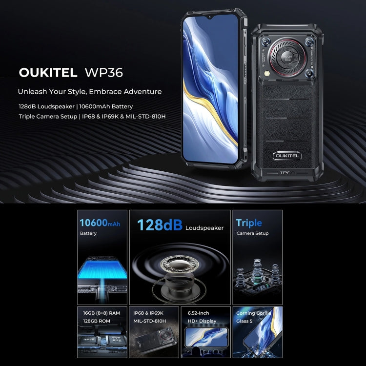 [HK Warehouse] Oukitel WP36, 8GB+128GB, IP68/IP69K, Fingerprint Identification, 10600mAh, 6.52 inch MediaTek MT8788 Octa Core, NFC, OTG, Network: 4G(Black) - Other by OUKITEL | Online Shopping South Africa | PMC Jewellery