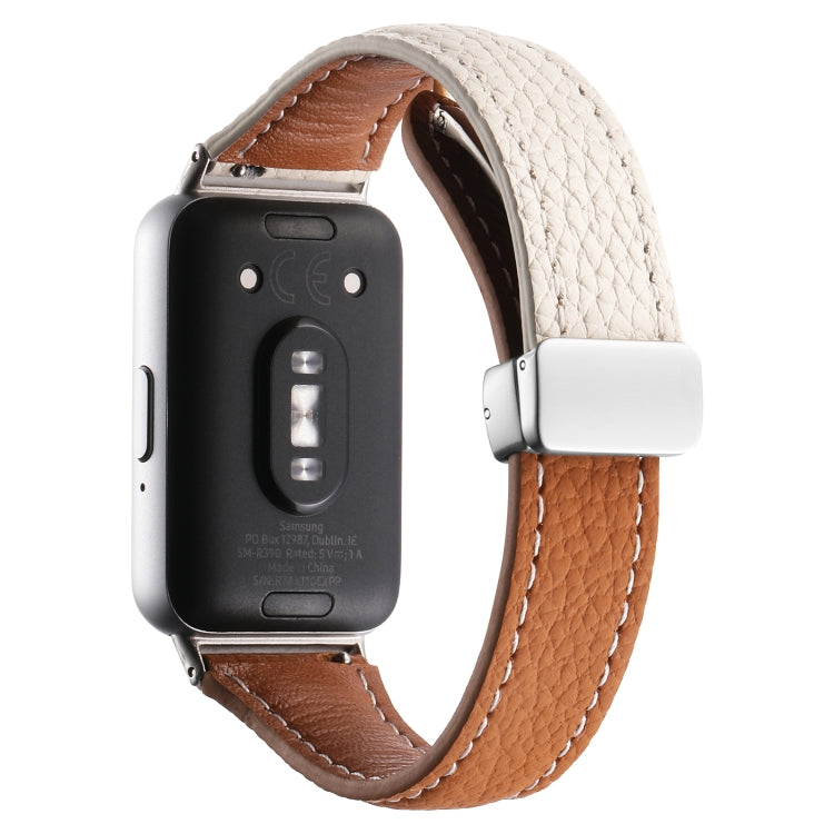 For Samsung Galaxy Fit 3 Litchi Texture Magnetic Buckle Slim Leather Watch Band(Milk White+Yellow Brown) - Watch Bands by PMC Jewellery | Online Shopping South Africa | PMC Jewellery