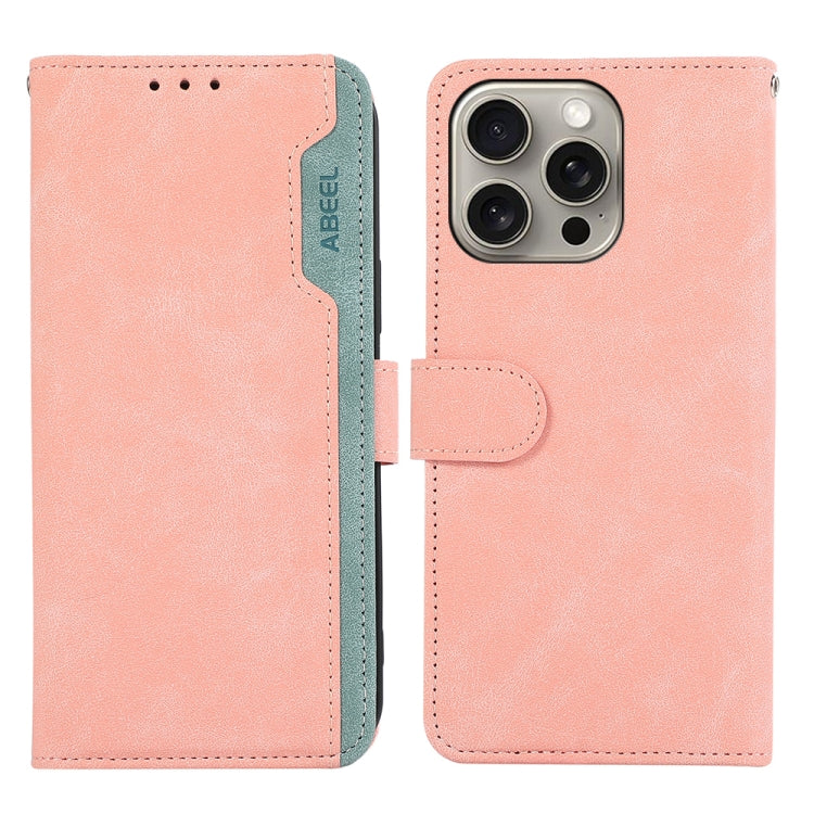 For iPhone 16 Pro Max ABEEL Color Block Magnetic RFID Leather Phone Case(Pink-Cyan) - iPhone 16 Pro Max Cases by PMC Jewellery | Online Shopping South Africa | PMC Jewellery | Buy Now Pay Later Mobicred