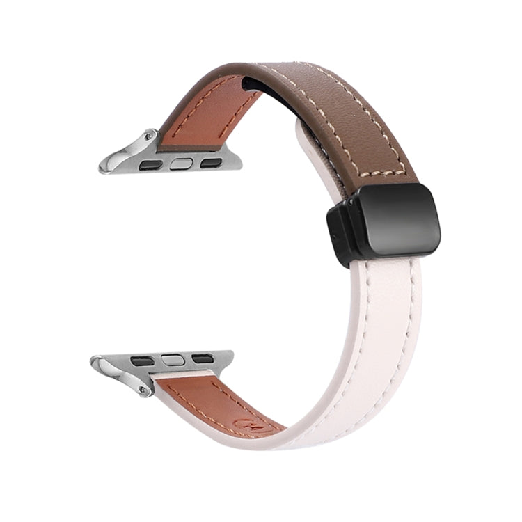 For Apple Watch SE 2023 44mm Slim Magnetic Buckle Genuine Leather Watch Band(Plain Beige Coffee) - Watch Bands by PMC Jewellery | Online Shopping South Africa | PMC Jewellery