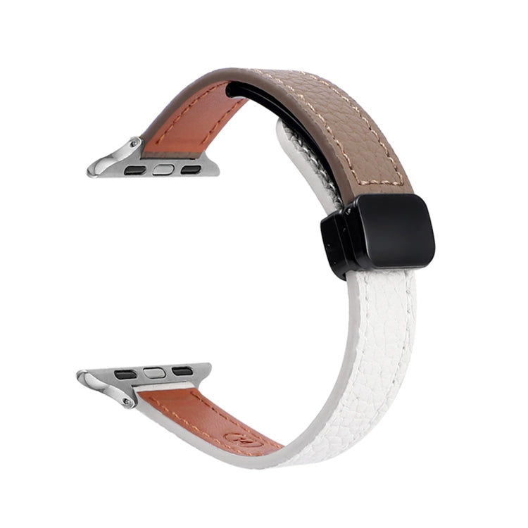 For Apple Watch SE 2023 40mm Slim Magnetic Buckle Genuine Leather Watch Band(Litchi Beige Coffee) - Watch Bands by PMC TechLife | Online Shopping South Africa | PMC TechLife