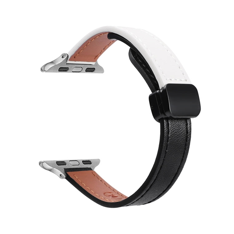 For Apple Watch Ultra 2 49mm Slim Magnetic Buckle Genuine Leather Watch Band(Plain Black Beige) - Watch Bands by PMC Jewellery | Online Shopping South Africa | PMC Jewellery