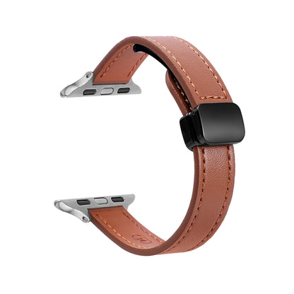 For Apple Watch Series 9 45mm Slim Magnetic Buckle Genuine Leather Watch Band(Plain Brown) - Watch Bands by PMC Jewellery | Online Shopping South Africa | PMC Jewellery