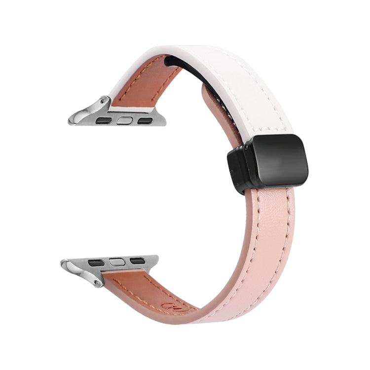 For Apple Watch Series 9 45mm Slim Magnetic Buckle Genuine Leather Watch Band(Plain Beige Pink) - Watch Bands by PMC Jewellery | Online Shopping South Africa | PMC Jewellery