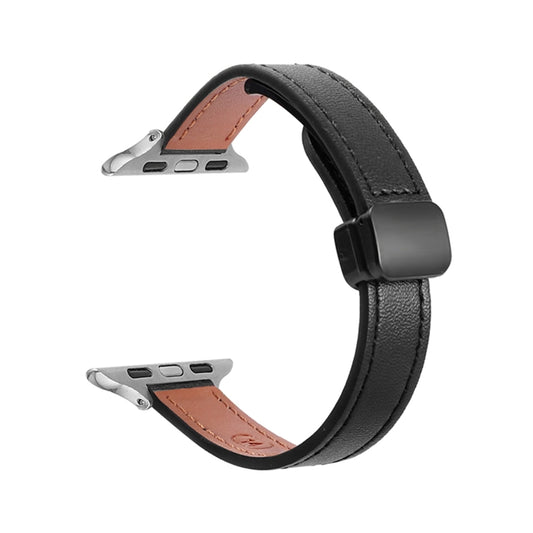 For Apple Watch Series 9 45mm Slim Magnetic Buckle Genuine Leather Watch Band(Plain Black) - Watch Bands by PMC Jewellery | Online Shopping South Africa | PMC Jewellery