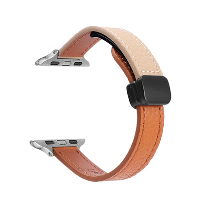 For Apple Watch Series 9 45mm Slim Magnetic Buckle Genuine Leather Watch Band(Litchi Orange Apricot) - Watch Bands by PMC Jewellery | Online Shopping South Africa | PMC Jewellery