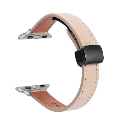 For Apple Watch Series 9 41mm Slim Magnetic Buckle Genuine Leather Watch Band(Plain Apricot) - Watch Bands by PMC Jewellery | Online Shopping South Africa | PMC Jewellery