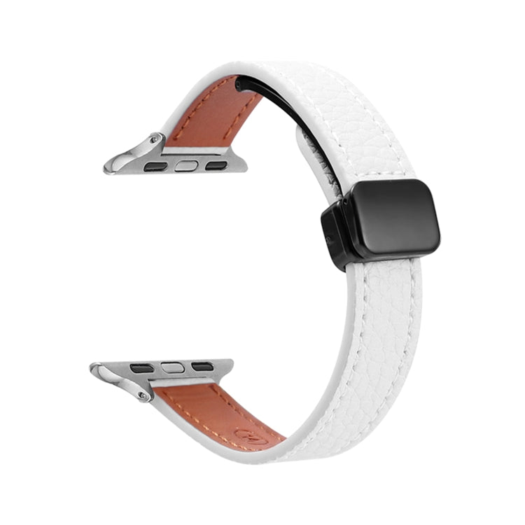 For Apple Watch Ultra 49mm Slim Magnetic Buckle Genuine Leather Watch Band(Litchi Beige) - Watch Bands by PMC TechLife | Online Shopping South Africa | PMC TechLife | Buy Now Pay Later Mobicred