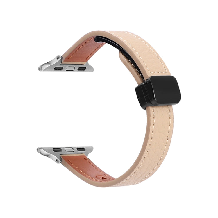 For Apple Watch Ultra 49mm Slim Magnetic Buckle Genuine Leather Watch Band(Litchi Apricot) - Watch Bands by PMC Jewellery | Online Shopping South Africa | PMC Jewellery