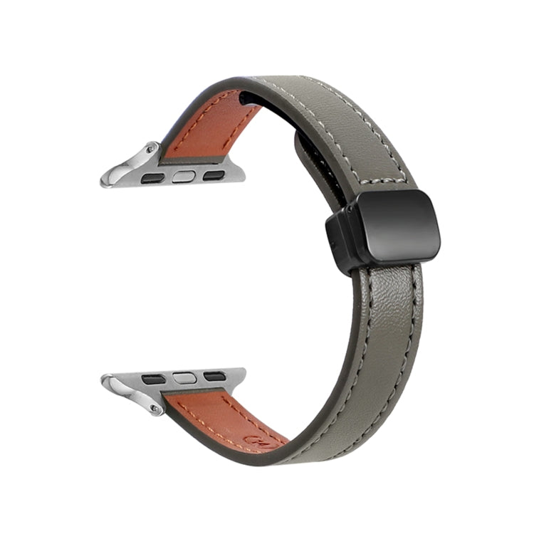 For Apple Watch Series 8 45mm Slim Magnetic Buckle Genuine Leather Watch Band(Plain Avocado Green) - Watch Bands by PMC TechLife | Online Shopping South Africa | PMC TechLife