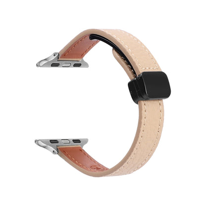 For Apple Watch Series 8 45mm Slim Magnetic Buckle Genuine Leather Watch Band(Litchi Apricot) - Watch Bands by PMC Jewellery | Online Shopping South Africa | PMC Jewellery