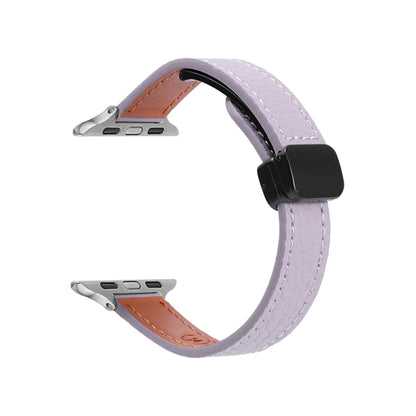 For Apple Watch Series 8 45mm Slim Magnetic Buckle Genuine Leather Watch Band(Litchi Lavender) - Watch Bands by PMC Jewellery | Online Shopping South Africa | PMC Jewellery