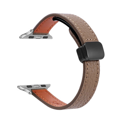 For Apple Watch SE 2022 40mm Slim Magnetic Buckle Genuine Leather Watch Band(Litchi Coffee) - Watch Bands by PMC Jewellery | Online Shopping South Africa | PMC Jewellery