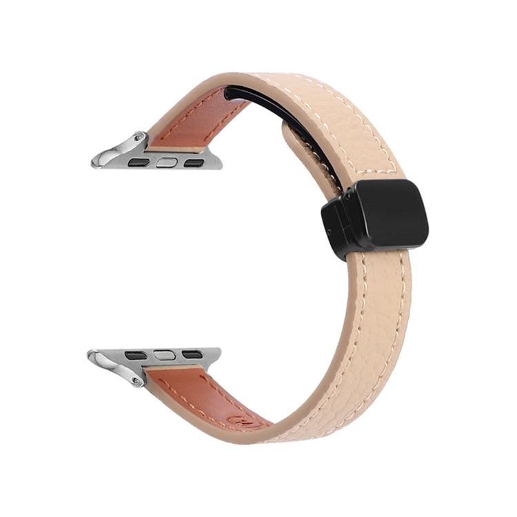 For Apple Watch SE 2022 40mm Slim Magnetic Buckle Genuine Leather Watch Band(Litchi Apricot) - Watch Bands by PMC TechLife | Online Shopping South Africa | PMC TechLife