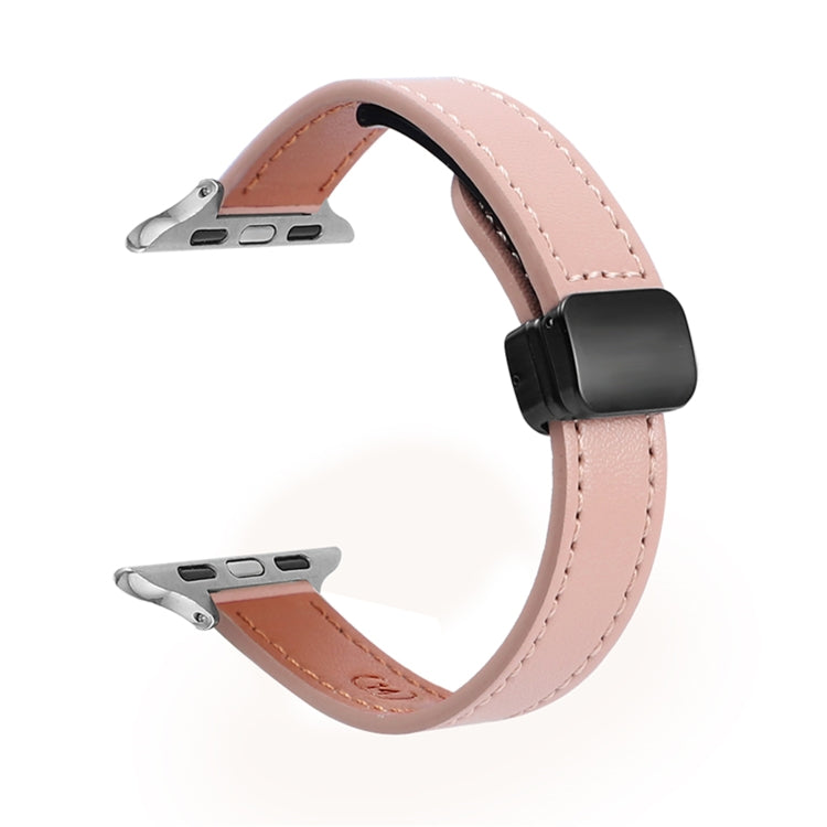 For Apple Watch SE 2022 44mm Slim Magnetic Buckle Genuine Leather Watch Band(Plain Pink) - Watch Bands by PMC Jewellery | Online Shopping South Africa | PMC Jewellery