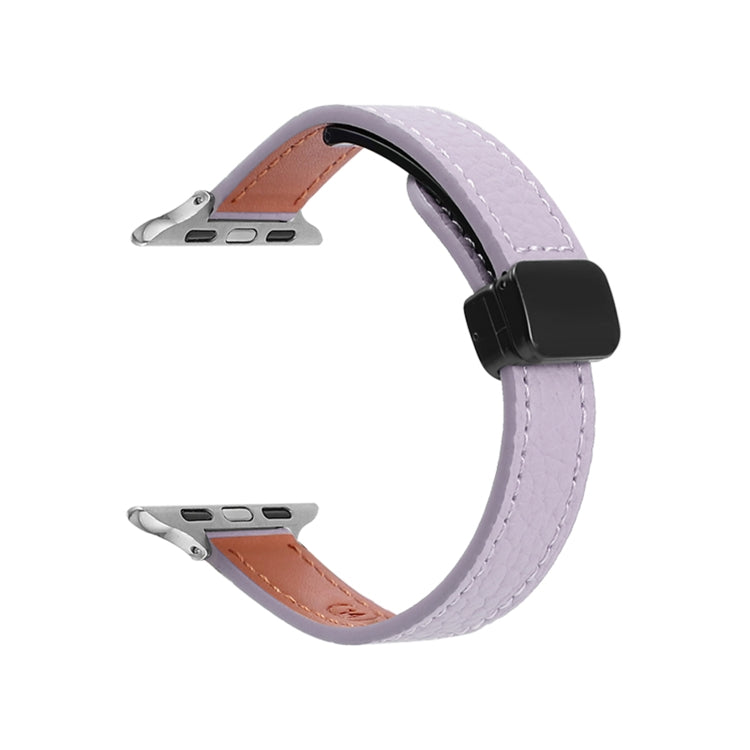 For Apple Watch SE 2022 44mm Slim Magnetic Buckle Genuine Leather Watch Band(Litchi Lavender) - Watch Bands by PMC Jewellery | Online Shopping South Africa | PMC Jewellery