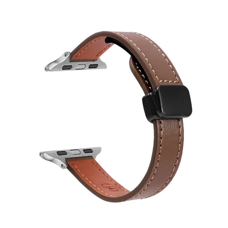 For Apple Watch Series 7 45mm Slim Magnetic Buckle Genuine Leather Watch Band(Plain Coffee) - Watch Bands by PMC TechLife | Online Shopping South Africa | PMC TechLife