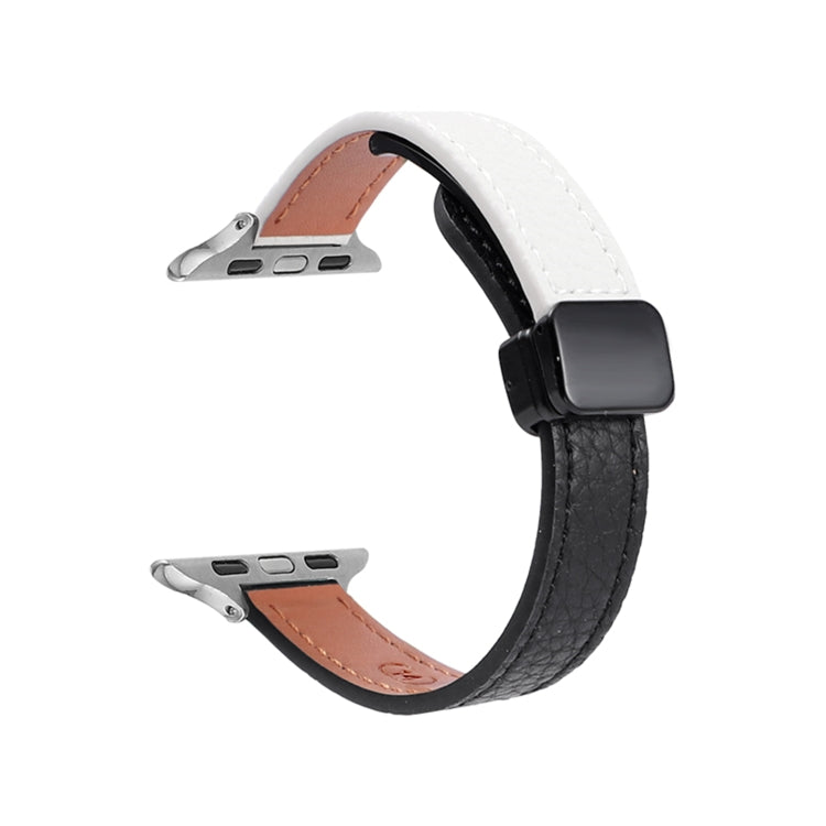 For Apple Watch Series 7 45mm Slim Magnetic Buckle Genuine Leather Watch Band(Litchi Black Beige) - Watch Bands by PMC Jewellery | Online Shopping South Africa | PMC Jewellery