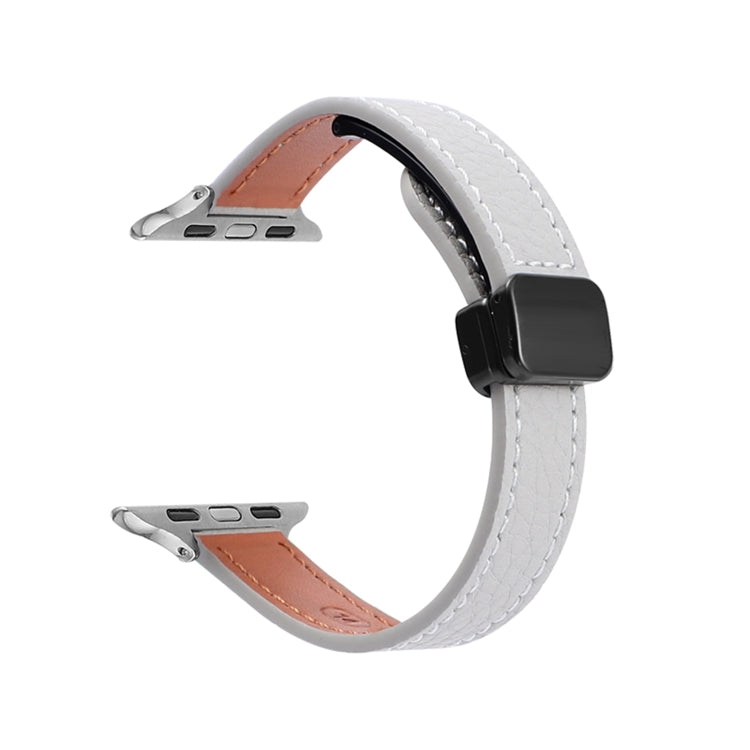 For Apple Watch SE 44mm Slim Magnetic Buckle Genuine Leather Watch Band(Litchi Grey) - Watch Bands by PMC TechLife | Online Shopping South Africa | PMC TechLife