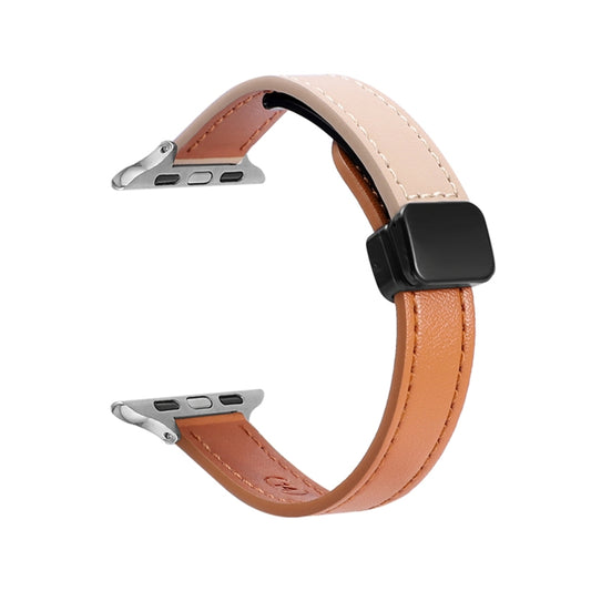 For Apple Watch Series 3 42mm Slim Magnetic Buckle Genuine Leather Watch Band(Plain Orange Apricot) - Watch Bands by PMC Jewellery | Online Shopping South Africa | PMC Jewellery