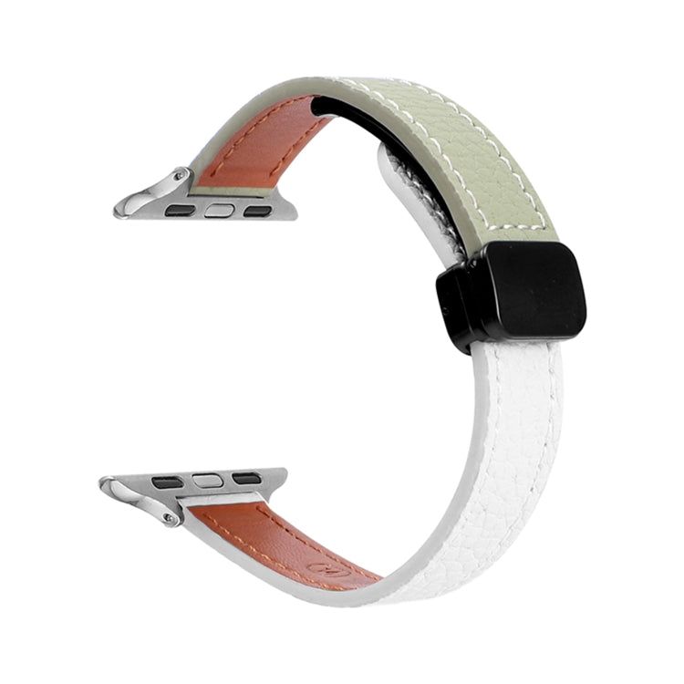 For Apple Watch Series 3 42mm Slim Magnetic Buckle Genuine Leather Watch Band(Litchi Beige Green) - Watch Bands by PMC Jewellery | Online Shopping South Africa | PMC Jewellery