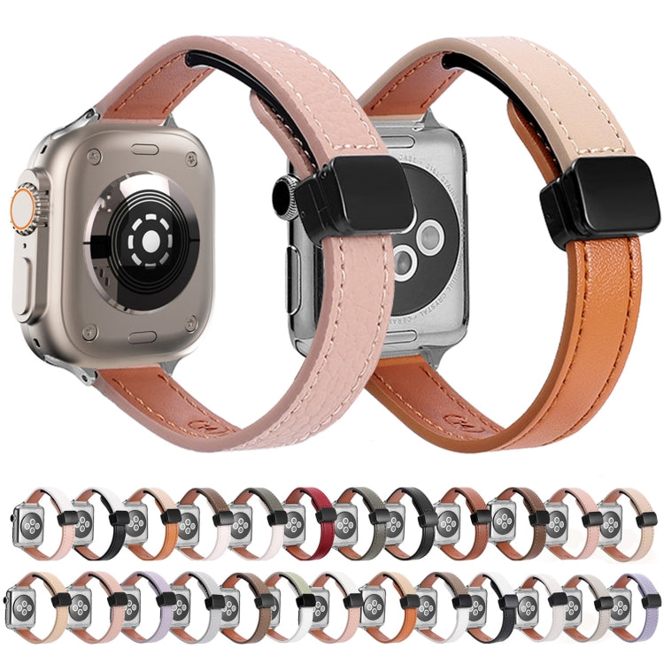 For Apple Watch Ultra 49mm Slim Magnetic Buckle Genuine Leather Watch Band(Litchi Beige) - Watch Bands by PMC TechLife | Online Shopping South Africa | PMC TechLife | Buy Now Pay Later Mobicred