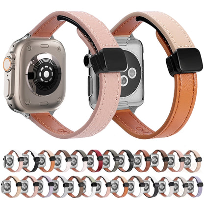 For Apple Watch 42mm Slim Magnetic Buckle Genuine Leather Watch Band(Litchi Apricot) - Watch Bands by PMC Jewellery | Online Shopping South Africa | PMC Jewellery