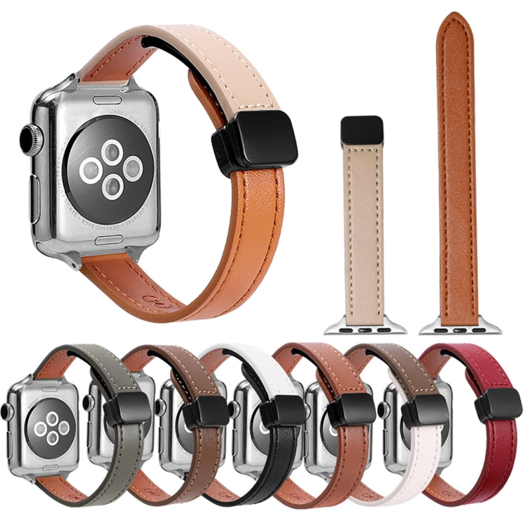For Apple Watch Ultra 49mm Slim Magnetic Buckle Genuine Leather Watch Band(Litchi Beige Coffee) - Watch Bands by PMC TechLife | Online Shopping South Africa | PMC TechLife | Buy Now Pay Later Mobicred