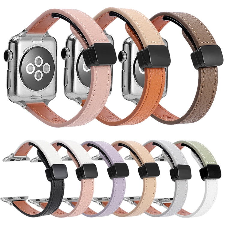 For Apple Watch Ultra 49mm Slim Magnetic Buckle Genuine Leather Watch Band(Litchi Beige Coffee) - Watch Bands by PMC TechLife | Online Shopping South Africa | PMC TechLife | Buy Now Pay Later Mobicred
