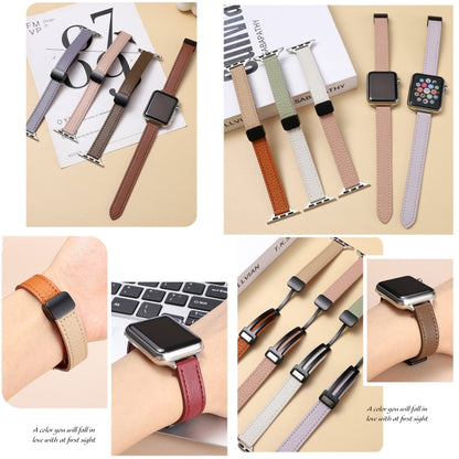 For Apple Watch Series 8 41mm Slim Magnetic Buckle Genuine Leather Watch Band(Litchi Beige) - Watch Bands by PMC Jewellery | Online Shopping South Africa | PMC Jewellery