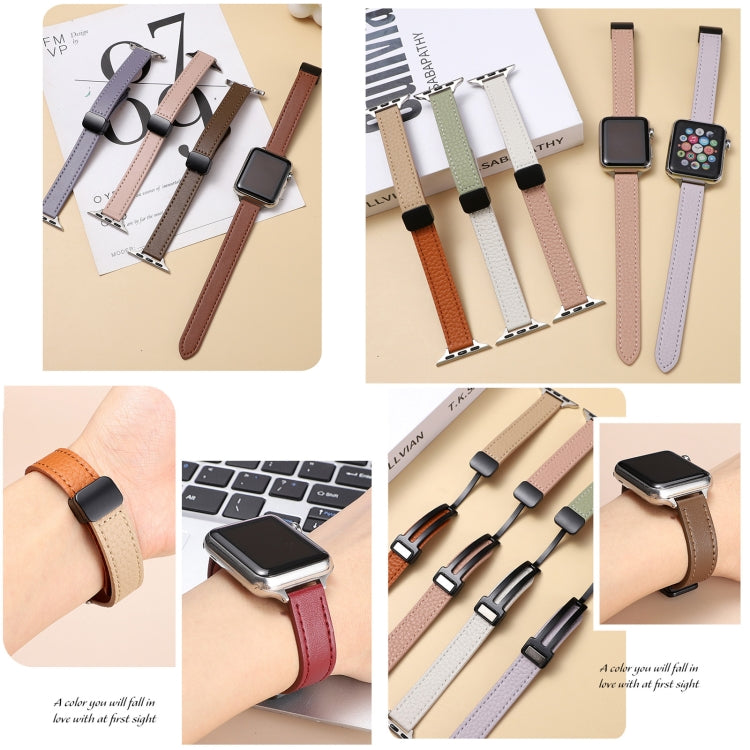 For Apple Watch Series 7 41mm Slim Magnetic Buckle Genuine Leather Watch Band(Litchi Beige Coffee) - Watch Bands by PMC Jewellery | Online Shopping South Africa | PMC Jewellery