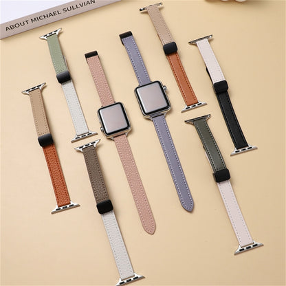 For Apple Watch 42mm Slim Magnetic Buckle Genuine Leather Watch Band(Litchi Black Beige) - Watch Bands by PMC Jewellery | Online Shopping South Africa | PMC Jewellery