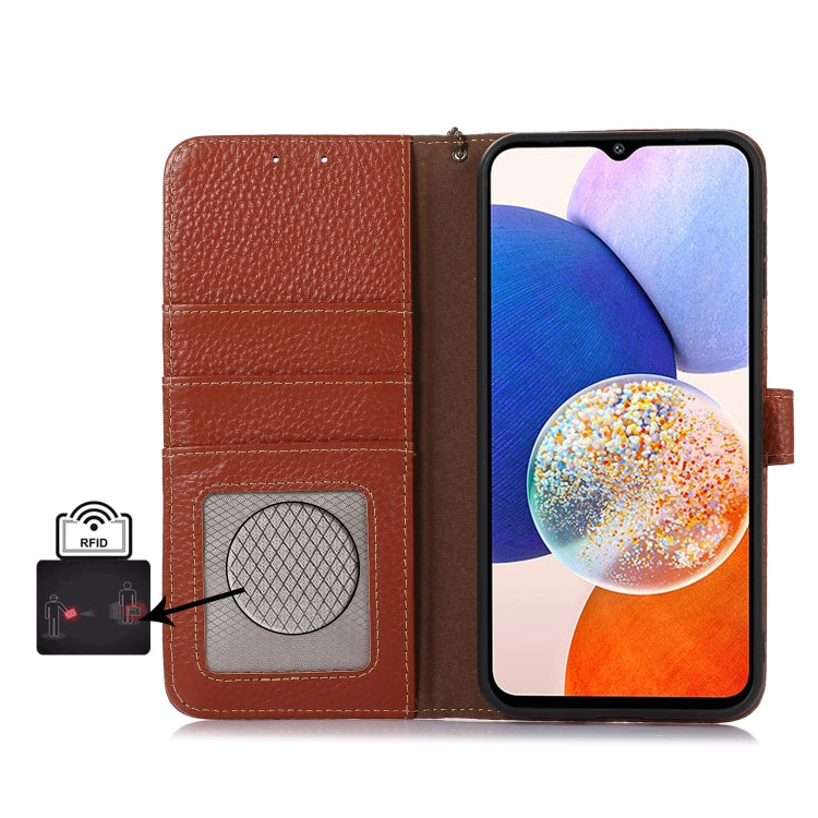 For Google Pixel 9 Pro Genuine Leather Litchi Texture RFID Leather Phone Case(Coffee) - Google Cases by PMC Jewellery | Online Shopping South Africa | PMC Jewellery | Buy Now Pay Later Mobicred