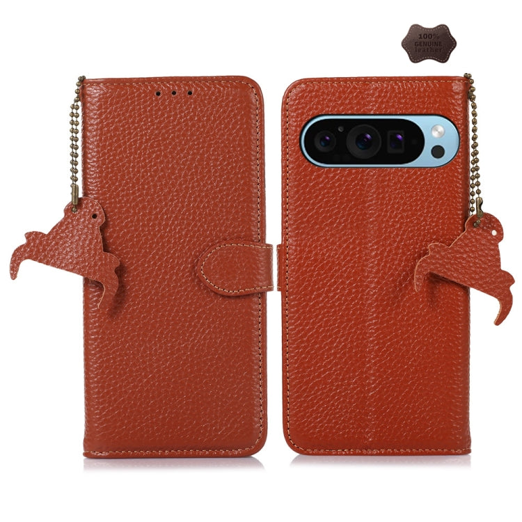 For Google Pixel 9 Genuine Leather Litchi Texture RFID Leather Phone Case(Coffee) - Google Cases by PMC Jewellery | Online Shopping South Africa | PMC Jewellery | Buy Now Pay Later Mobicred