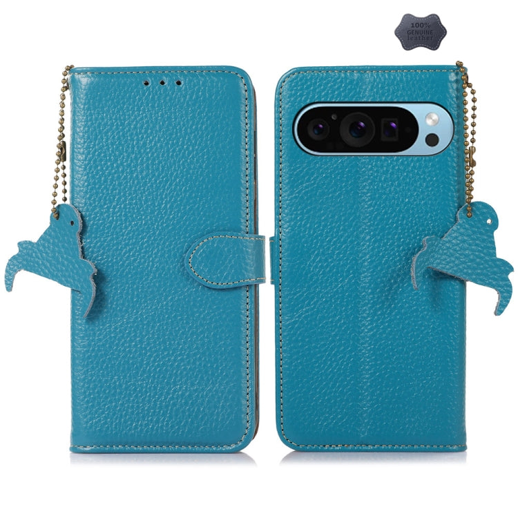 For Google Pixel 9 Genuine Leather Litchi Texture RFID Leather Phone Case(Blue) - Google Cases by PMC Jewellery | Online Shopping South Africa | PMC Jewellery | Buy Now Pay Later Mobicred