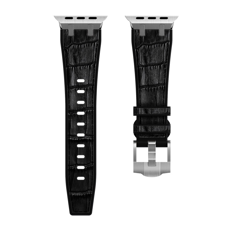 For Apple Watch SE 2023 44mm Crocodile Texture Liquid Silicone Watch Band(Silver Black) - Watch Bands by PMC Jewellery | Online Shopping South Africa | PMC Jewellery