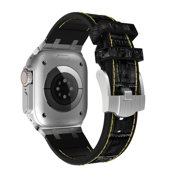 For Apple Watch Ultra 2 49mm Crocodile Texture Liquid Silicone Watch Band(Silver Yellow Black) - Watch Bands by PMC TechLife | Online Shopping South Africa | PMC TechLife