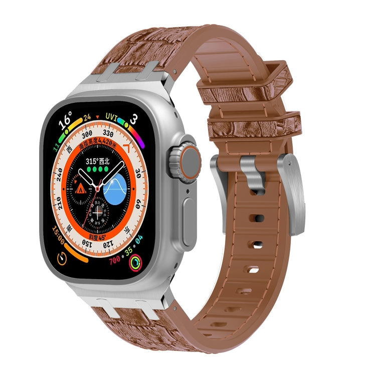 For Apple Watch Ultra 49mm Crocodile Texture Liquid Silicone Watch Band(Silver Yellow Brown) - Watch Bands by PMC TechLife | Online Shopping South Africa | PMC TechLife